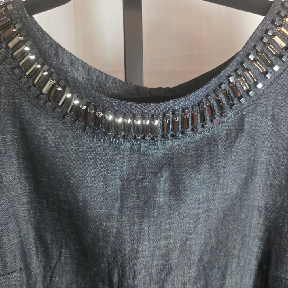 Weekend Max Mara Embellished Linen Shift Dress Gray Size 4 Beaded Neckline - Picture 4 of 11